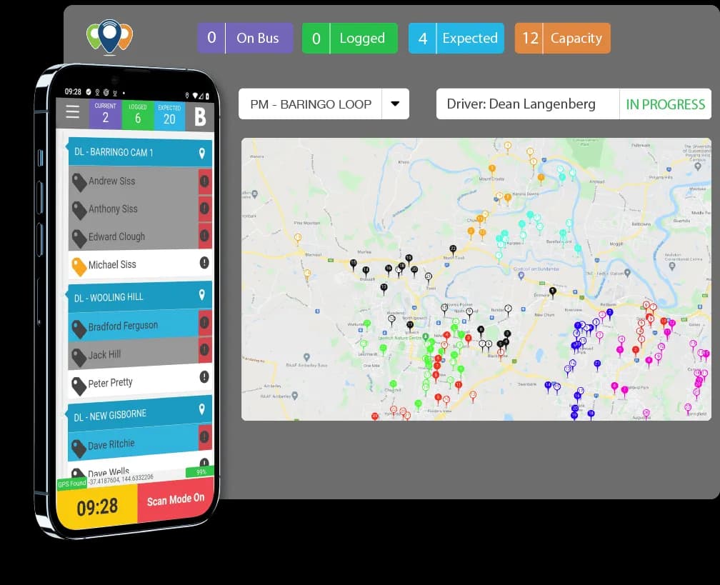 A RollCall route view showing school bus services and their stops for a bus operator