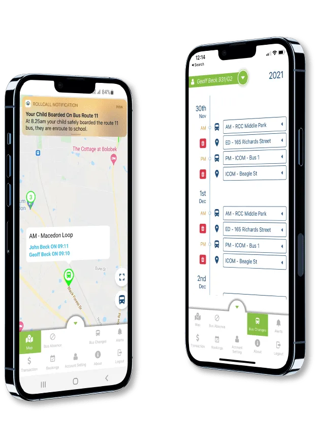 RollCall parent app: a live map with a boarding notification, and the bus changes calendar
