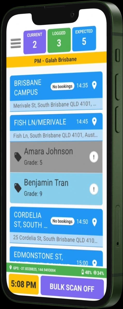 The RollCall driver app on a phone, showing an afternoon bus run with each stop and live student scan counts