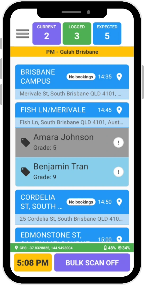 The RollCall driver app running on a phone, showing an afternoon bus run with each stop and live student scan counts