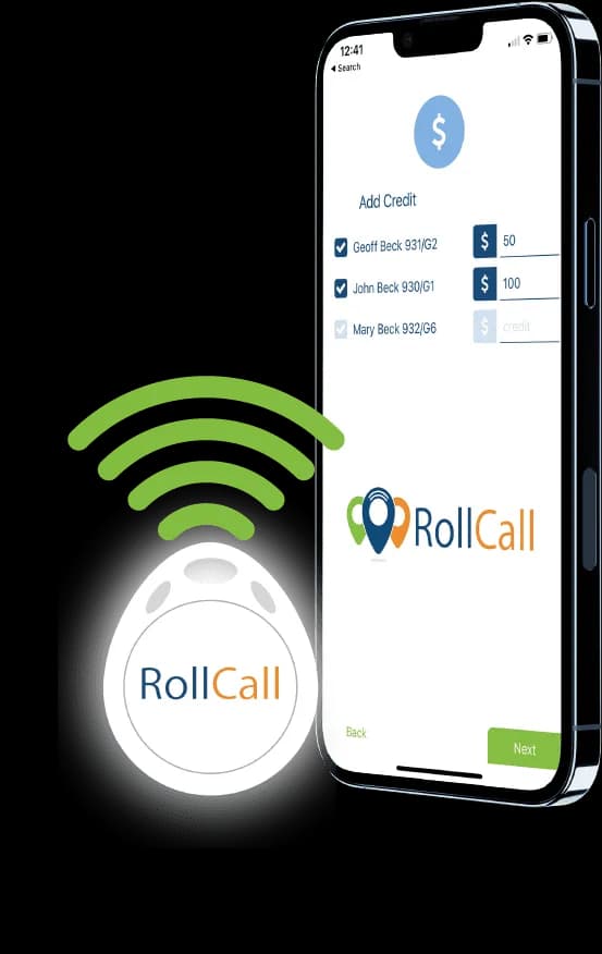 RollCall parent app: an Add Credit screen with a card top-up amount for each child