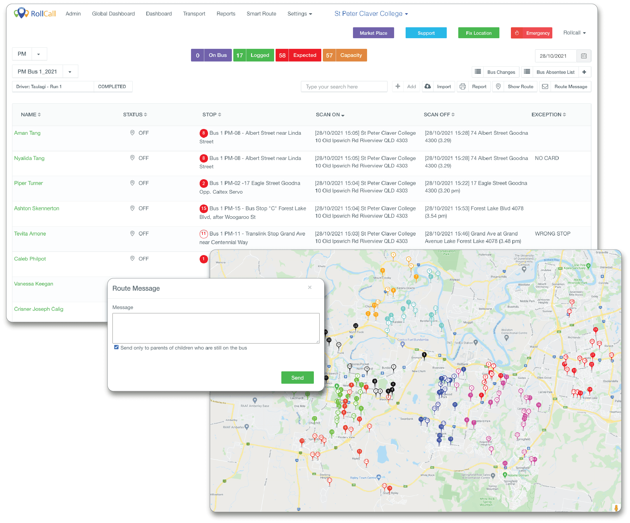 A school's RollCall operational dashboard showing live routes and scan counts