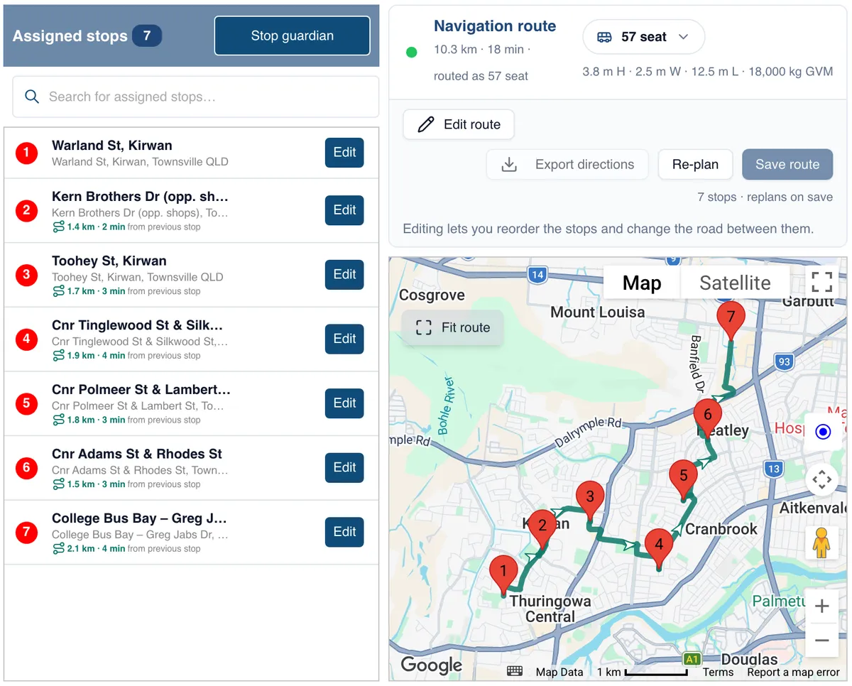 Route Builder showing a route's assigned stops beside a map of the planned navigation route