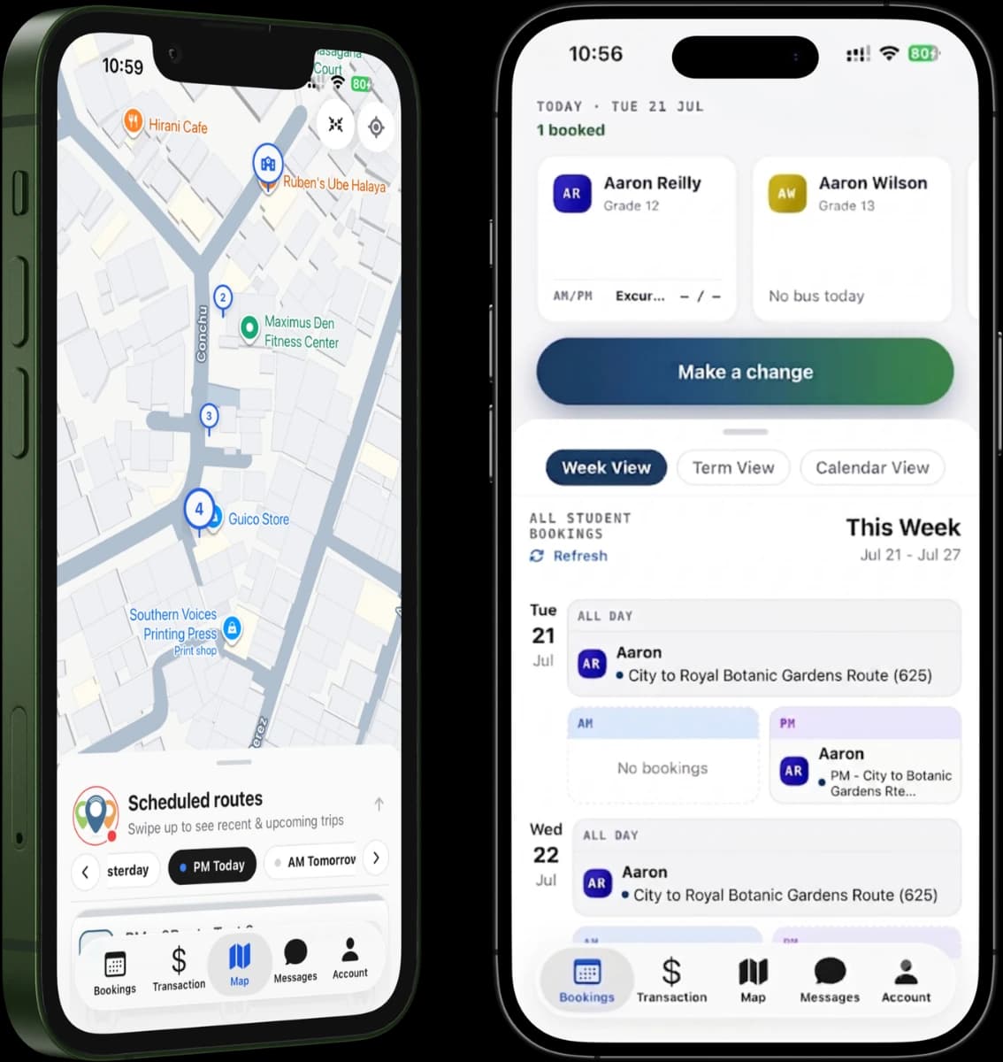 The RollCall parent app on two phones: a live route map with upcoming trips, and the weekly bookings view listing each student's booked buses