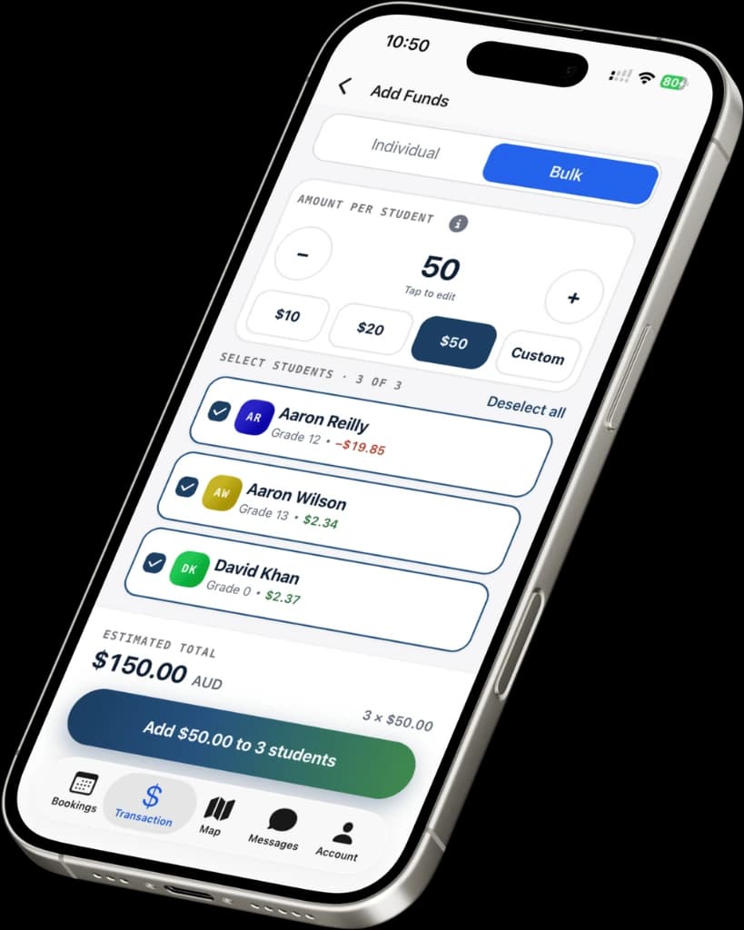 RollCall parent app: the Add Funds screen topping up $50 each for three students, with a $150 AUD estimated total