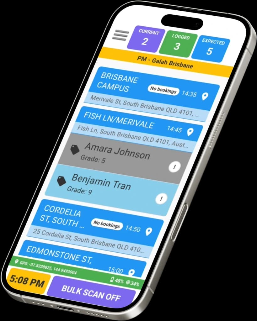 The RollCall app on a phone showing an afternoon bus run with each stop, the students expected on board and live scan counts