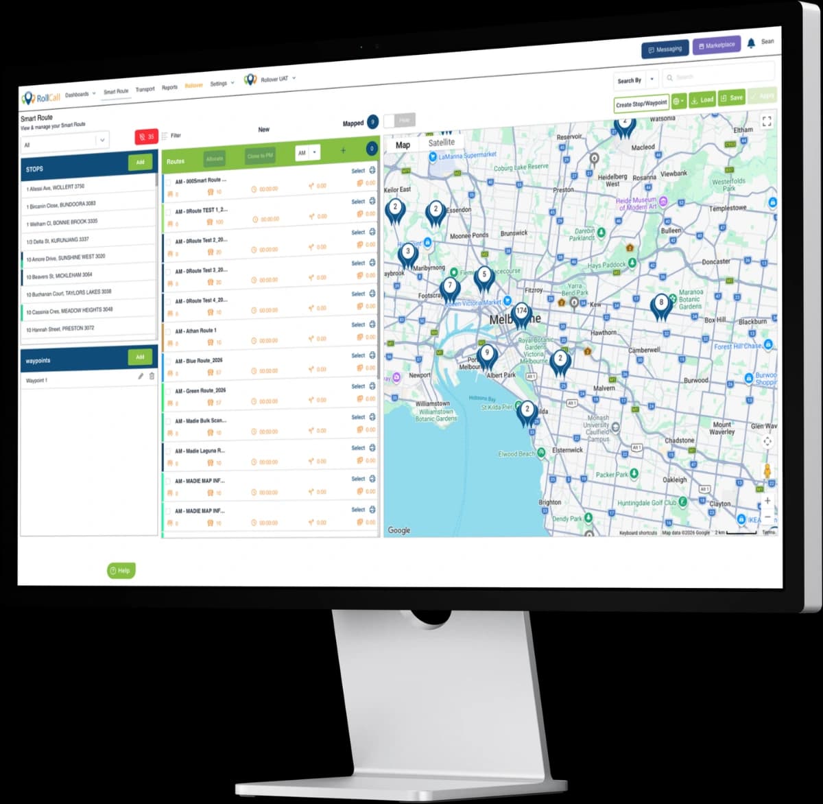 The RollCall Smart Route planner showing a school's bus stops and routes on a map