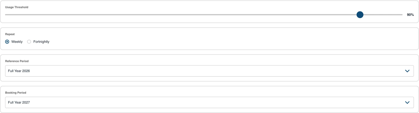 The four rollover settings: a usage threshold slider set to 90 per cent, a weekly or fortnightly repeat choice, a Full Year 2026 reference period and a Full Year 2027 booking period.