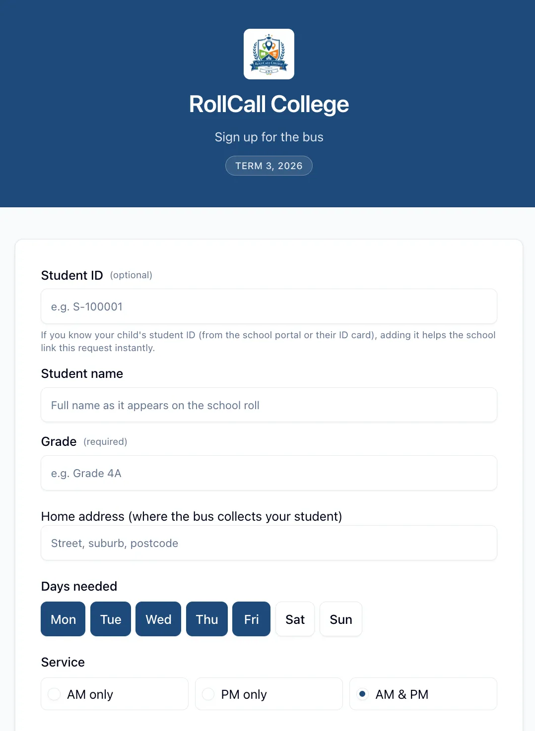 A school's bus sign-up form for parents, asking for student ID, name, grade, home address, days needed and AM or PM service
