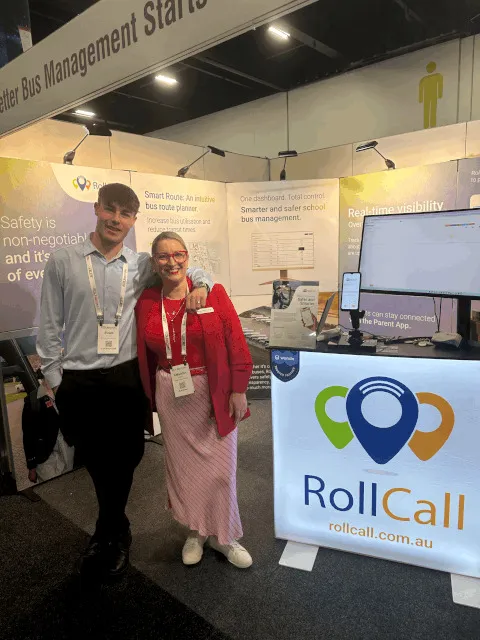 Euan and Amanda from RollCall at the RollCall stand at EduTech