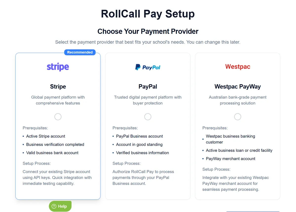 RollCall Pay Setup: choose a payment provider from Stripe, PayPal or Westpac PayWay