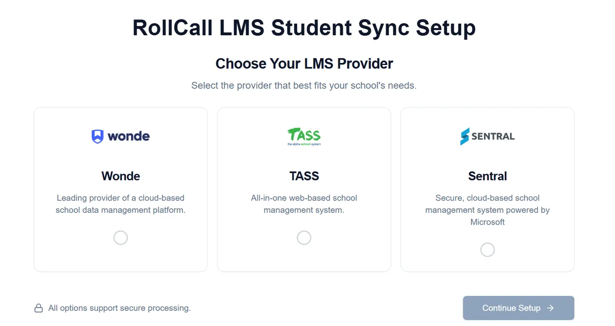 RollCall LMS Student Sync Setup: choose an LMS provider from Wonde, TASS or Sentral