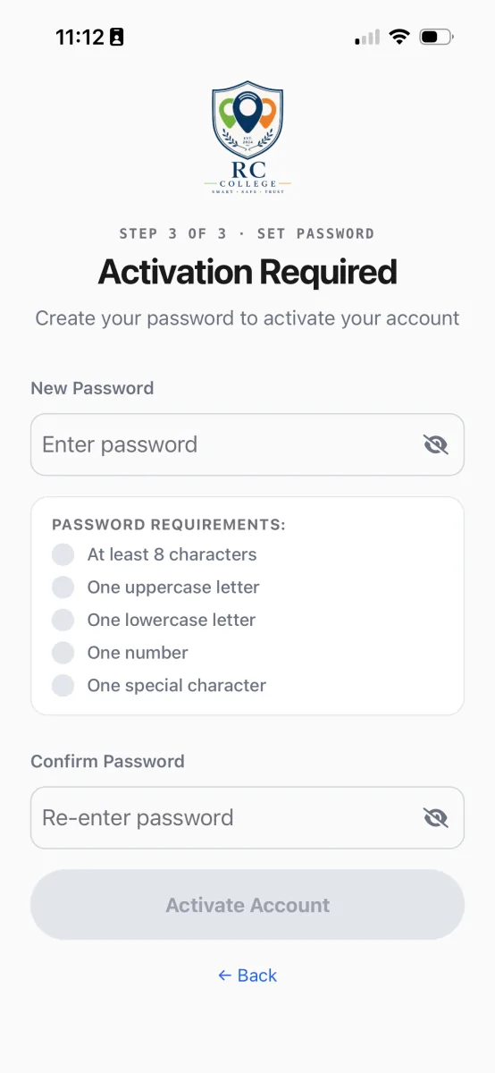 The Activation Required screen in the RollCall Parent App, with new password and confirm password fields above a password requirements checklist.