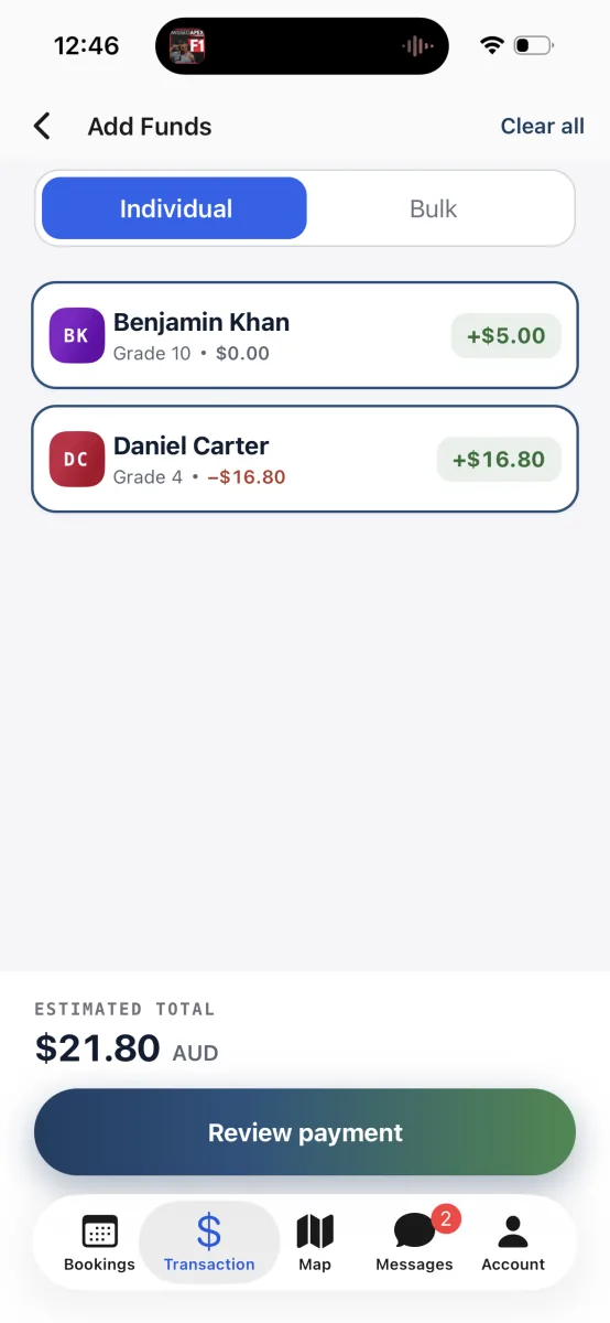The Add Funds screen, with a card per child showing their balance, staged top-up amounts, and the estimated total at the bottom.