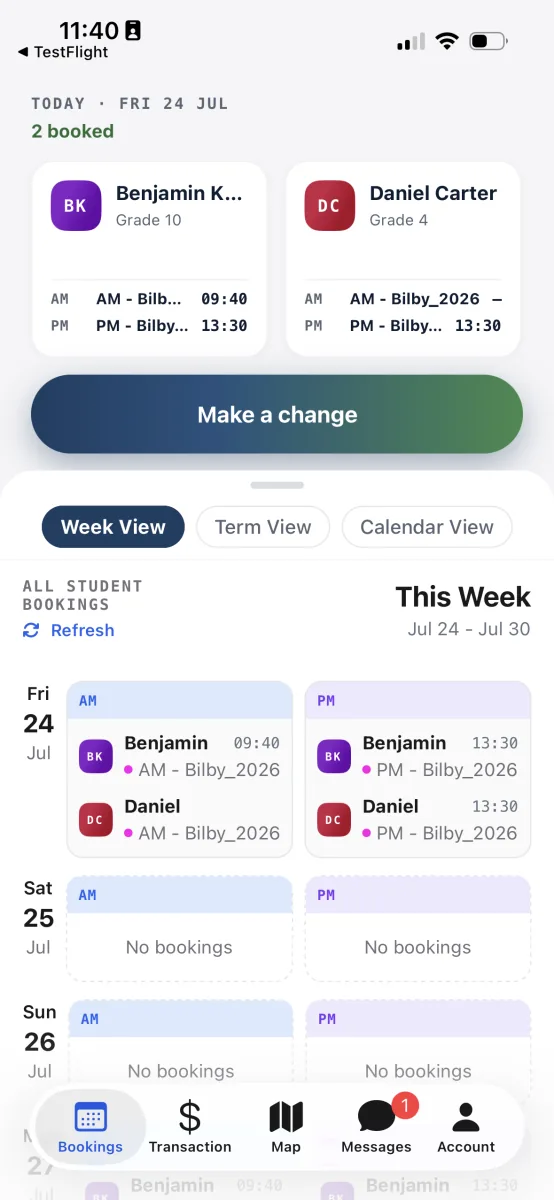 The Bookings tab in Week View, with the Today section at the top and each day's morning and afternoon bookings listed below.