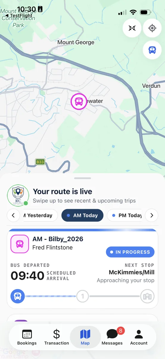 The Map tab with a live bus marker on the map and a route card below showing a trip in progress and its next stop.