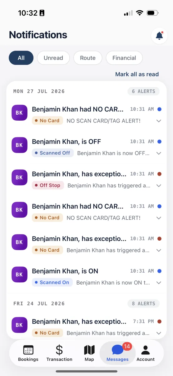 The notifications inbox on the Messages tab, grouped by day, with scan-on, scan-off, and exception alerts and filter chips at the top.