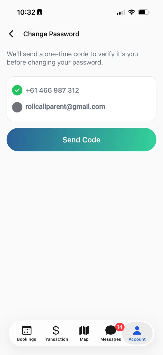 The Change Password screen, offering the mobile number or email on the account for a one-time code, with a Send Code button.
