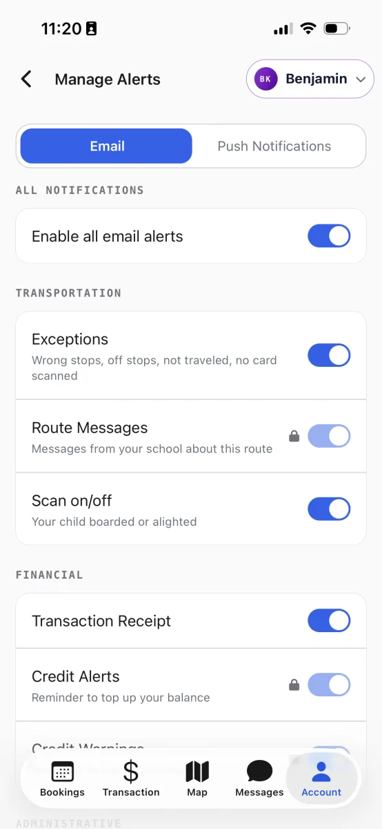 The Manage Alerts screen on the Email channel, with a child selected in the dropdown and switches for each alert.