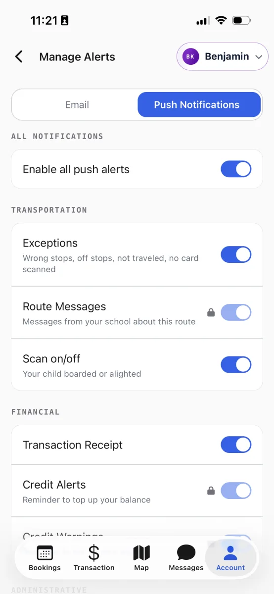 The Manage Alerts screen on the Push Notifications channel, with switches for each alert and a padlock on the always-on rows.