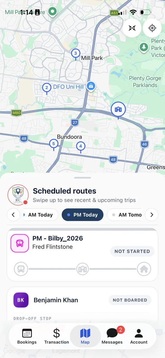 The Map tab tray with session pills for each run and a route card showing Not started before the trip begins.