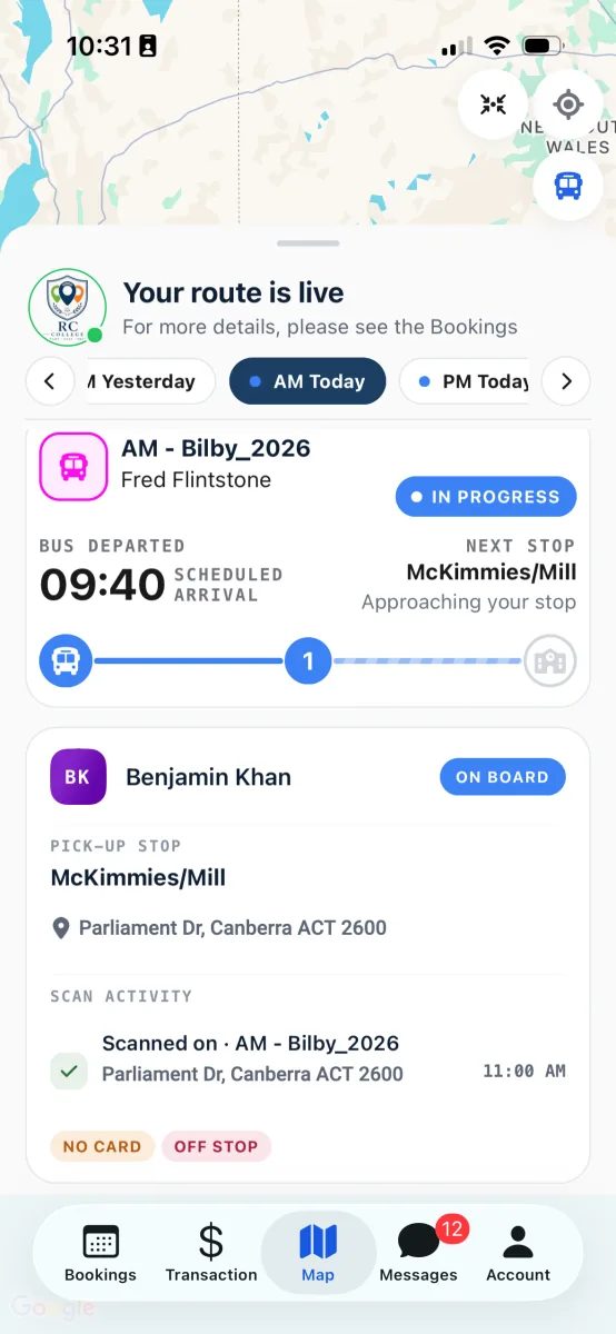 A child's row on the Map tab with a blue On board pill, their pick-up stop, and a scanned-on entry in the scan activity.