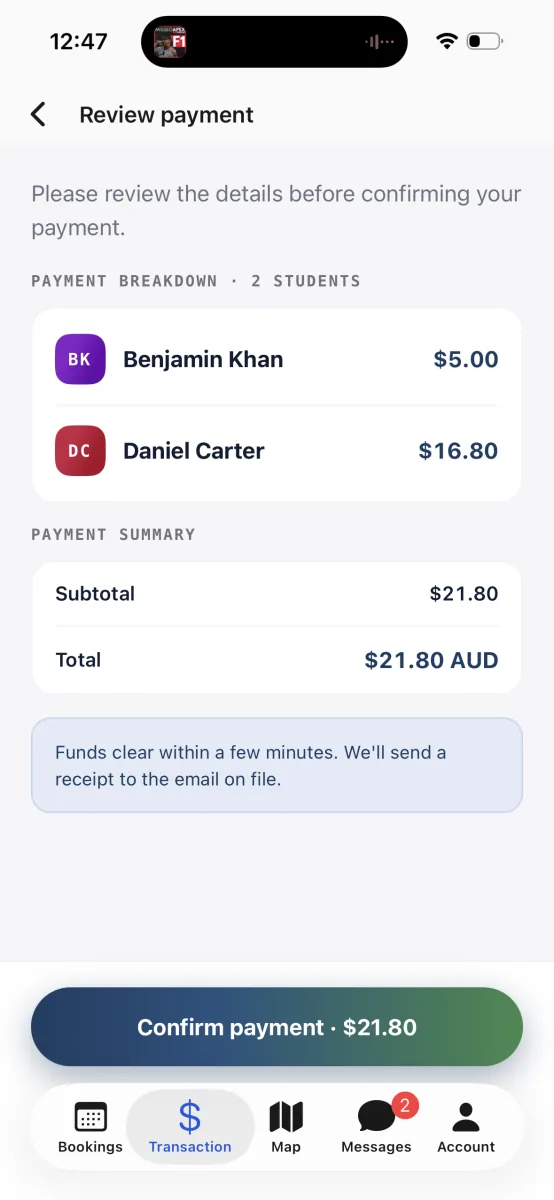 The Review payment screen, with the payment breakdown per child, the total in AUD, and a Confirm payment button.