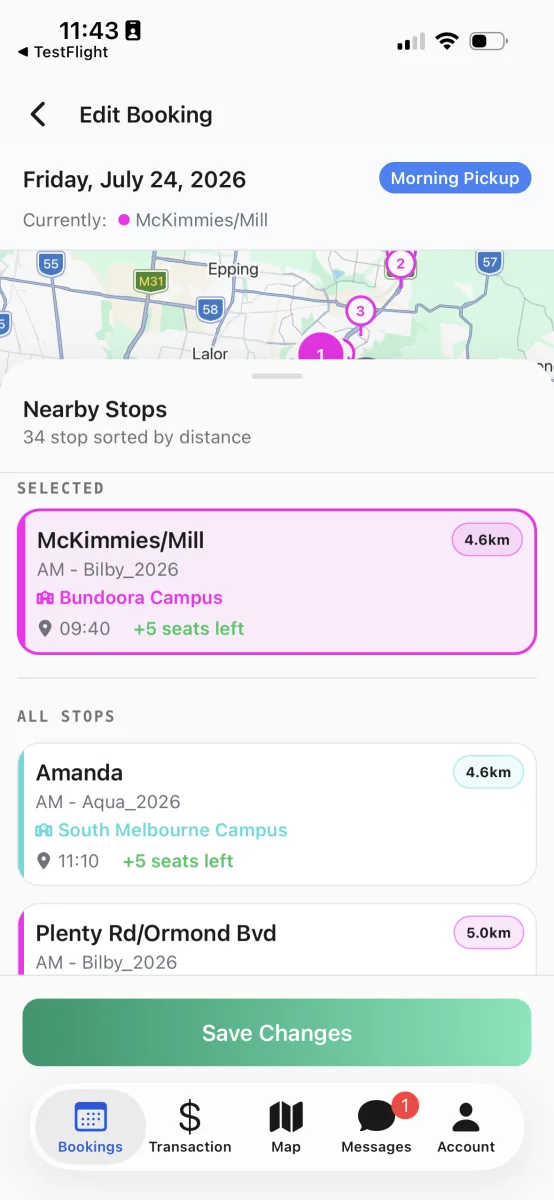 The Edit Booking screen for one day, with a Currently line naming the current stop and nearby stops listed with seats left.