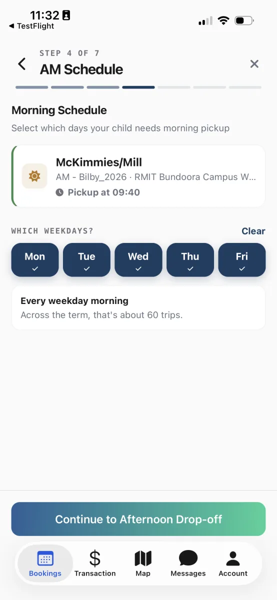 The AM Schedule step, with Mon to Fri day pills all selected and a summary reading every weekday morning.