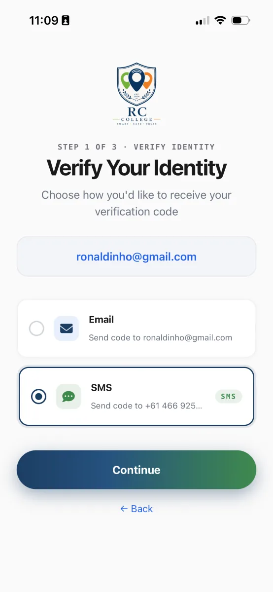 The Verify Your Identity screen, with email and SMS options for receiving a verification code.