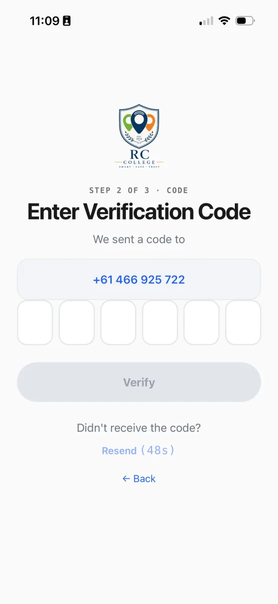 The Enter Verification Code screen, with six boxes for the code and a resend countdown below.
