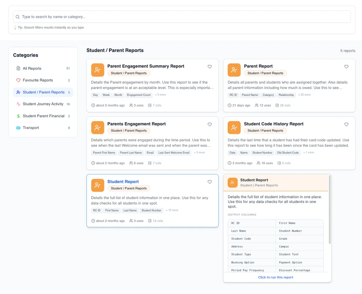Reports screen category sidebar with report counts, filtered to Student / Parent report cards with an output-columns preview