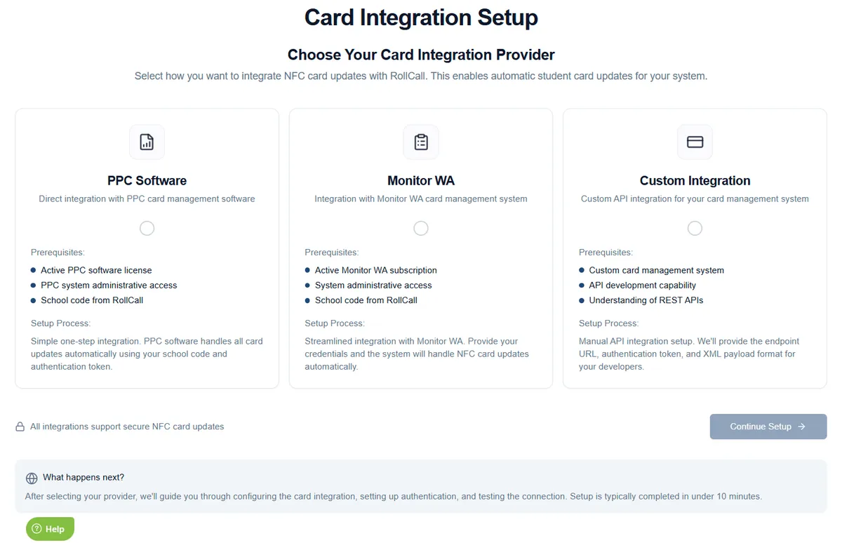 Card Integration Setup screen offering three providers: PPC Software, Monitor WA and Custom Integration, each with prerequisites and setup steps