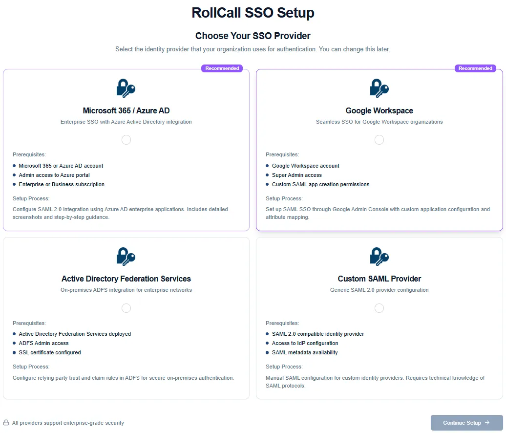RollCall SSO Setup screen offering Microsoft 365 / Azure AD, Google Workspace, Active Directory Federation Services and Custom SAML providers