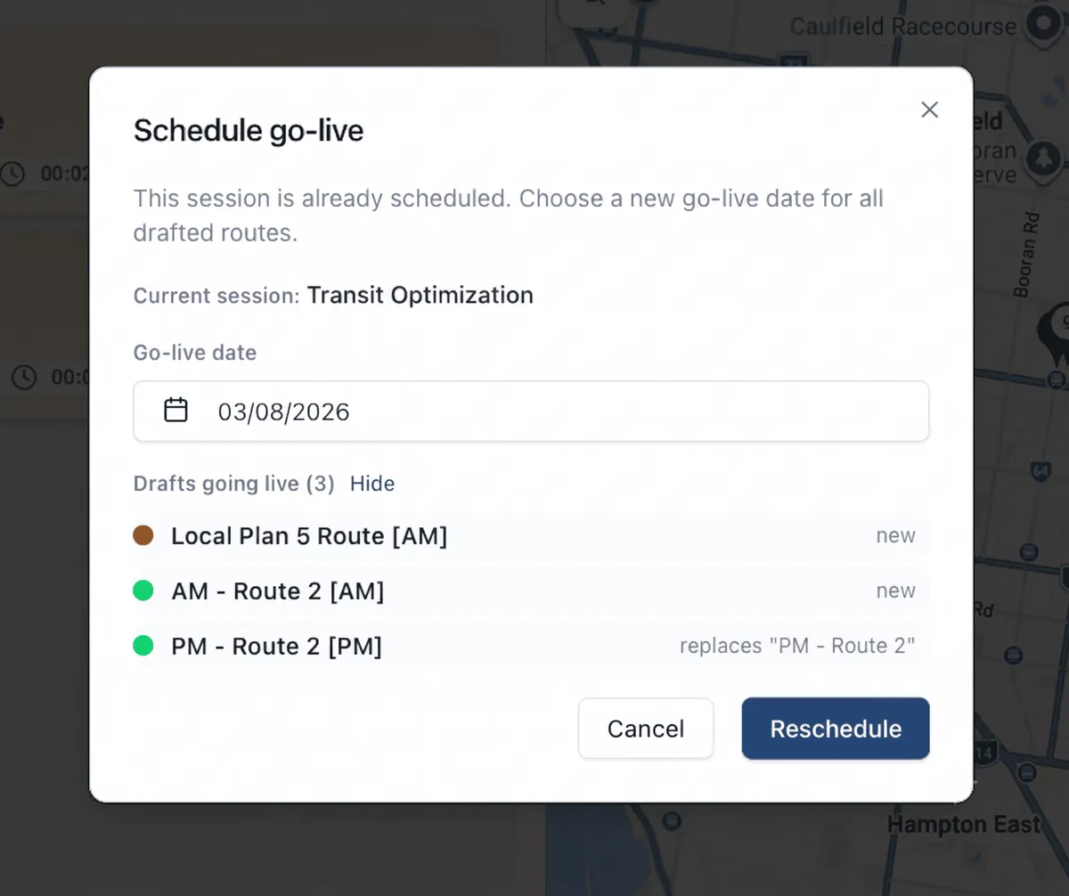 Smart Route Schedule go-live dialog with a go-live date picker and a list of three drafted routes going live, one replacing an existing PM route