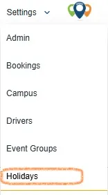 The Settings menu in the admin portal with Holidays highlighted