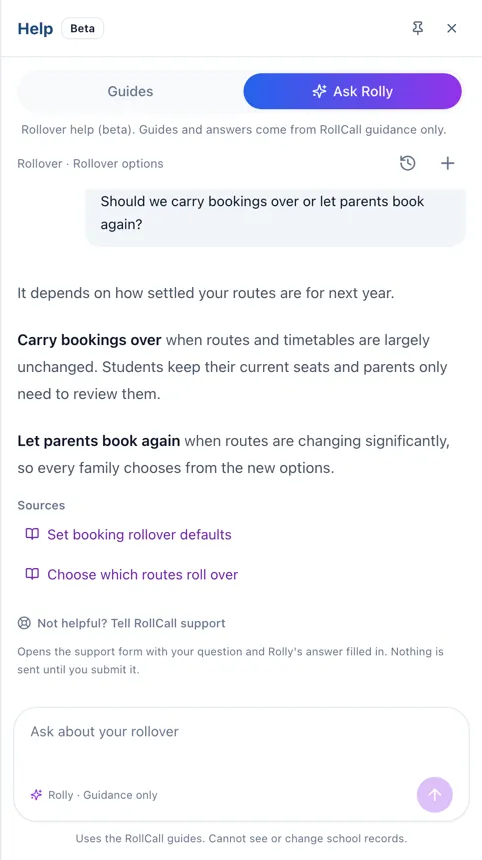 Ask Rolly in the RollCall Help drawer, answering a rollover question with linked guides