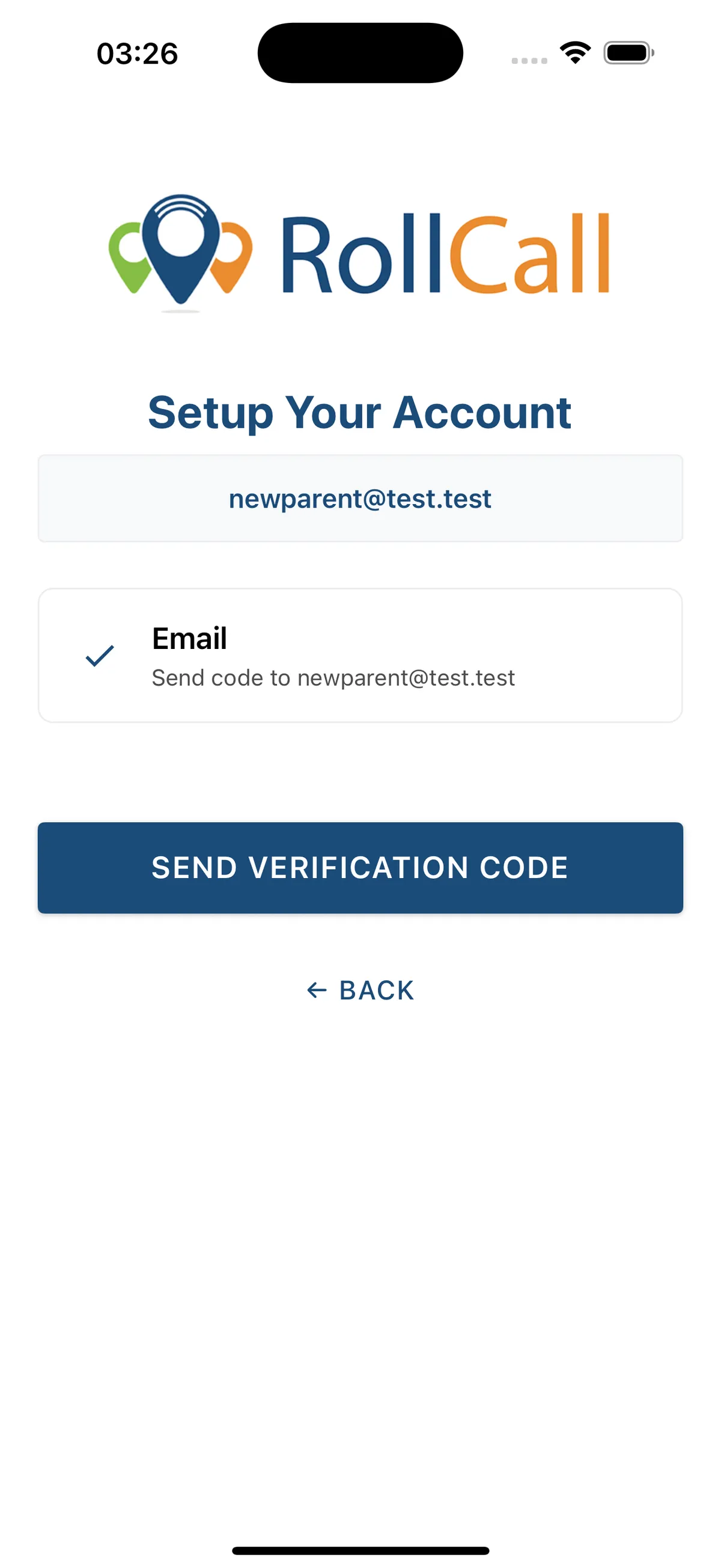 Parent App 'Setup Your Account' screen with an email address entered and a Send Verification Code button