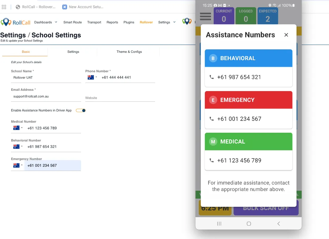 Admin Console school settings with assistance numbers enabled, beside the Driver App Assistance Numbers screen grouped into behavioural, emergency and medical contacts