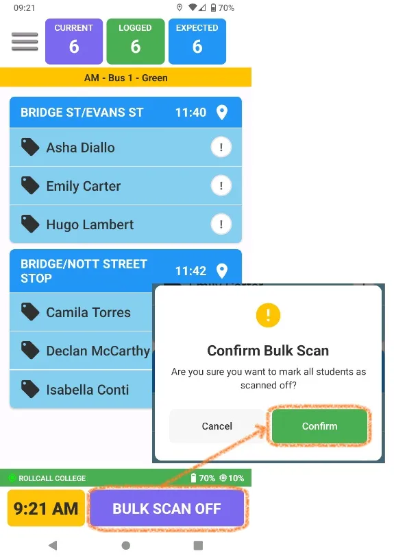 Driver App manifest with the purple Bulk Scan Off button at the bottom and the Confirm Bulk Scan dialog
