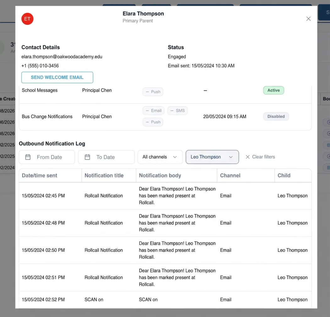 Parent record in the Admin Console showing notification settings and an Outbound Notification Log of sent messages with date, title, body, channel and child